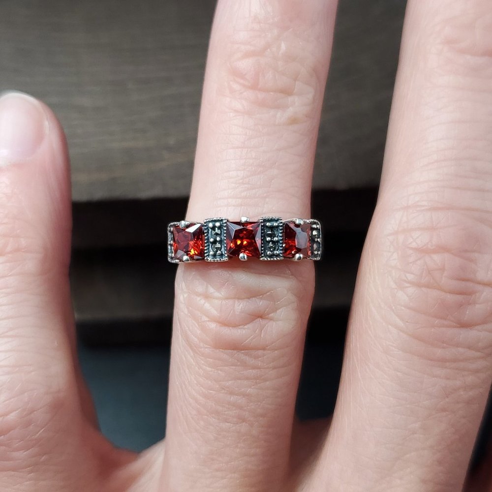 Size 5.75 Sterling Silver Marcasite And Red Cubic Zirconia Ring
